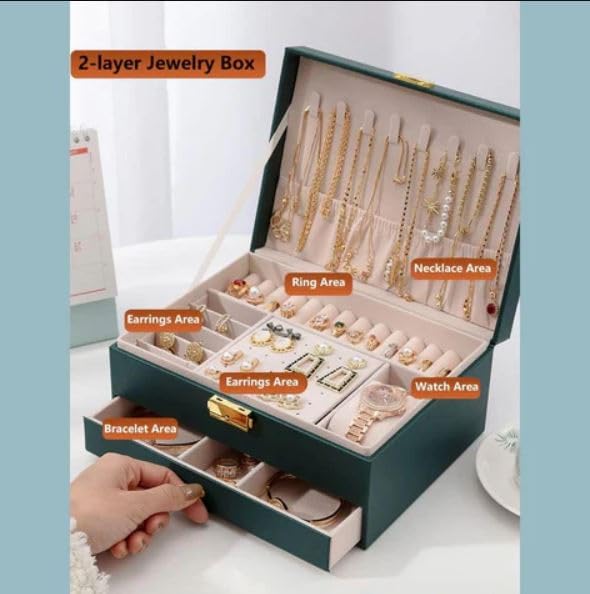 Image of Velvet Three Layer New Vintage Flannel Jewelry Box Earrings Earrings Rings Necklace Bracelets Jewelry Organiser Storage Case With Drawer For Girls Women Dark Green (AB-03)