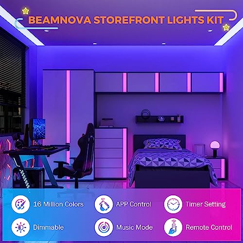 Image of BEAMNOVA 40Ft RGB Commercial LED Storefront Lights Kit, Bluetooth App Control, with Remote, DC 12V Power Supply Transformer, Adhesive Waterproof Strip Light Modules