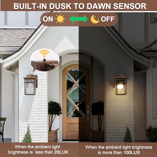 Image of Dusk to Dawn Outdoor Lighting, Porch Light with GFCI Outlet and LED Bulb | Exterior Wall Fixture with Clear Glass Shade, Waterproof Outside Lights for House Garage Front Door, Antique Bronze