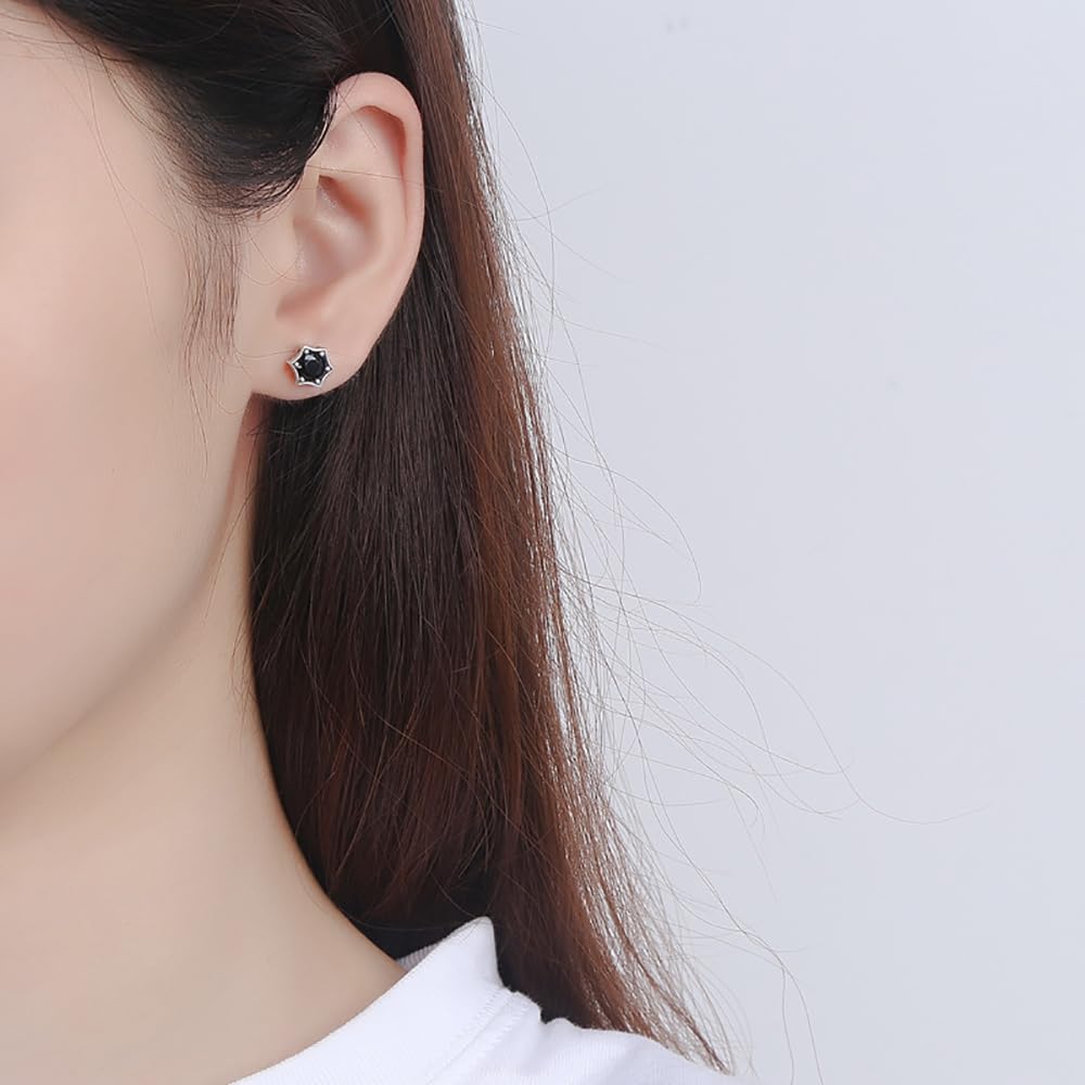 Sechseckige Stern-Ohrstecker aus Silber mit schwarzen Diamanten, Sterling-Zirkonia-Ohrringe für Damen/Herren, 8 mm