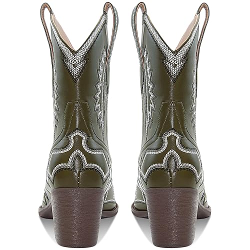 Image of HOCHFART Women's Western Ankle Cowboy Boots Chunky Pointed Toe Wide Calf | Metallic PU-Leather, Embroidered, Pull-On, Concert, Festival, Rodeos, Party, Daily Wear, All-Day Comfort
