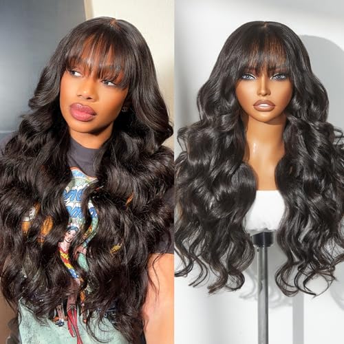 Image of LUVME HAIR 7x6 HD Lace All-Day Comfort Wig with Bangs 200% Density Hair PartingMax Lace Wigs Loose Body Wave Lace Front Wigs Human Hair Pre Cut Plucked Lace Frontal Glueless 16 Inches