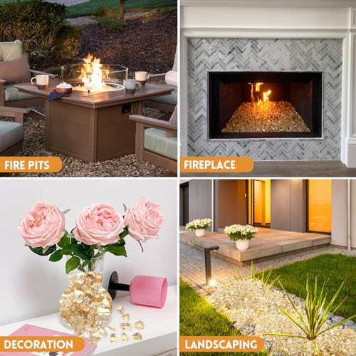 GasSaf 1/2 Inch Fire Glass Reflective Tempered Fireglass Cut Crushed FireGlass for Fire Pit, Fireplace, Replaces Existing Gas Logs & Lava Rocks (20 Pound)(Gold Reflective)