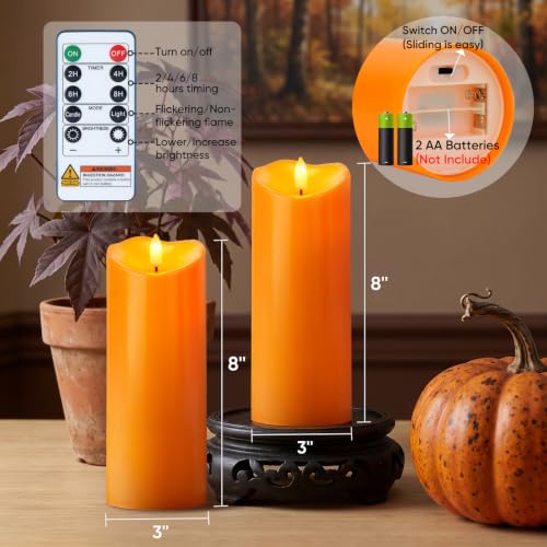 Image of Raycare 8 inchx3 inch Outdoor Waterproof Flameless Candles with Remote and Timer, Battery Operated LED Electric Fake Pillar Candle for Halloween Home Wedding Decor, Orange, Set of 2