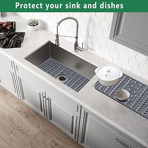 Image of GUUKIN Sink Protectors for Kitchen Sink 19x13 & 24x12.5 & 13x11 & 26x14 & 28x14 & 29x15, Large Silicone Mats Grid for Bottom of Farmhouse Stainless Steel (24x12.5 with 3 Reserved Holes)