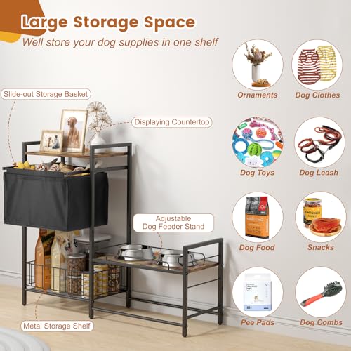 Elevated Dog Bowl Stand with Toy Bin Basket, 4 Height Adjustable Raised Feeding Station Cabinet, Lifted Food and Water Bowl Holder, Pet Storage Organizer for Large Medium Small Dogs - Image 6