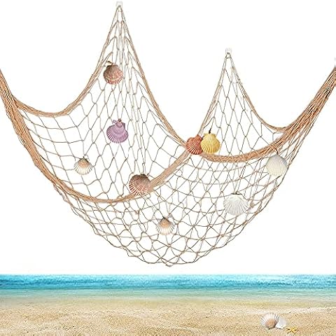 Funvalley Surperfect Fishing Net Wall Decor, Nautical Ornaments Decorative Fishing Net with Shells for Photo Hanging Display Ocean Party Beach Background Wall Hanging Decorations (Beige) Cover