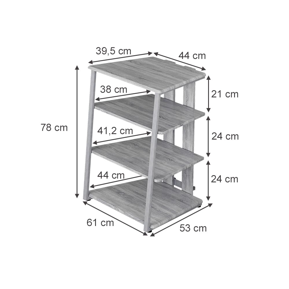 Vicco Ripiano portaoggetti Tonar, Grigio, 61 x 78 cm 4 ripiani aperti, adatto per la conservazione di dispositivi Hi-Fi e apparecchi multimediali