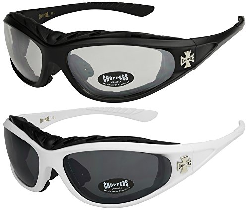Choppers   Pack de 2 gafas de sol con acolchado acolchadas hombre mujer moto bici lentes transparentes   1x Modelo 02 (negro/casi transparente) y 1x Modelo 08 (blanco/negro tintado)   Modelo 02 + 08  