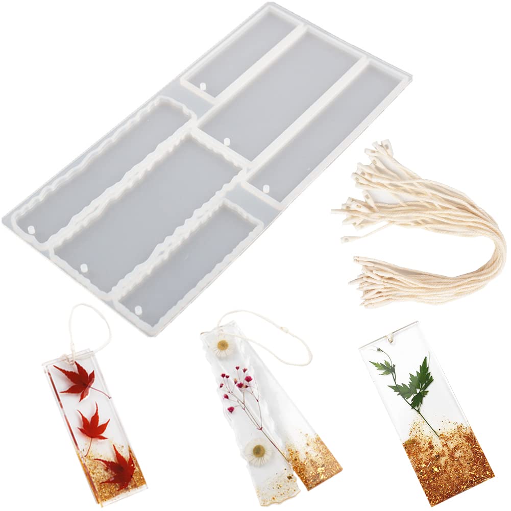 FZSECRIU Moldes Resina epoxi,Kit Resina epoxi,Moldes Silicona Resina epoxi, Resina epoxi Manualidades, Contiene 6 moldes de Silicona y 20 Cuerdas, marcapáginas Flores secas de Resina DIY