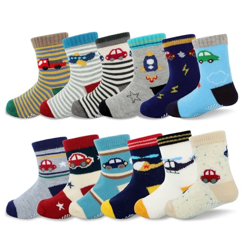 Baby Socks, 12 Pairs Toddler Ankle Socks Non Slip Cotton Grip for Newborn Boys Girls 0-48 months