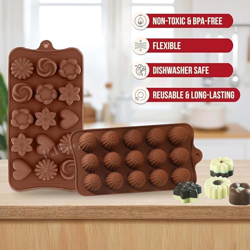 Image of MoldBerry Silicone Chocolate Mould Combo Set of 3 | Flower, Rose & Bon-Bon Shape Candy Molds | Flexible Non-Stick Jelly & Candy Making Tray for Home Bakers & Professionals |