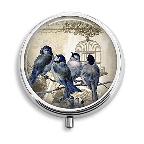 Bluebirds Gathering of Blue Birds and Birdcage Pill Box