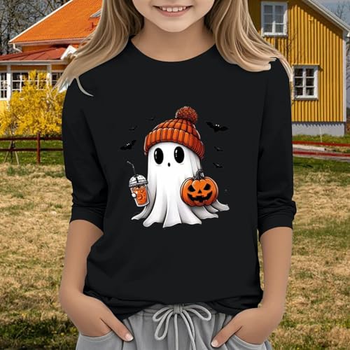 Little Girls Halloween Shirts Kids Cute Ghost Pumpkin Coffee Graphic Tee Teen 3/4 Sleeve Holidays Party Trendy Summer Clothes4