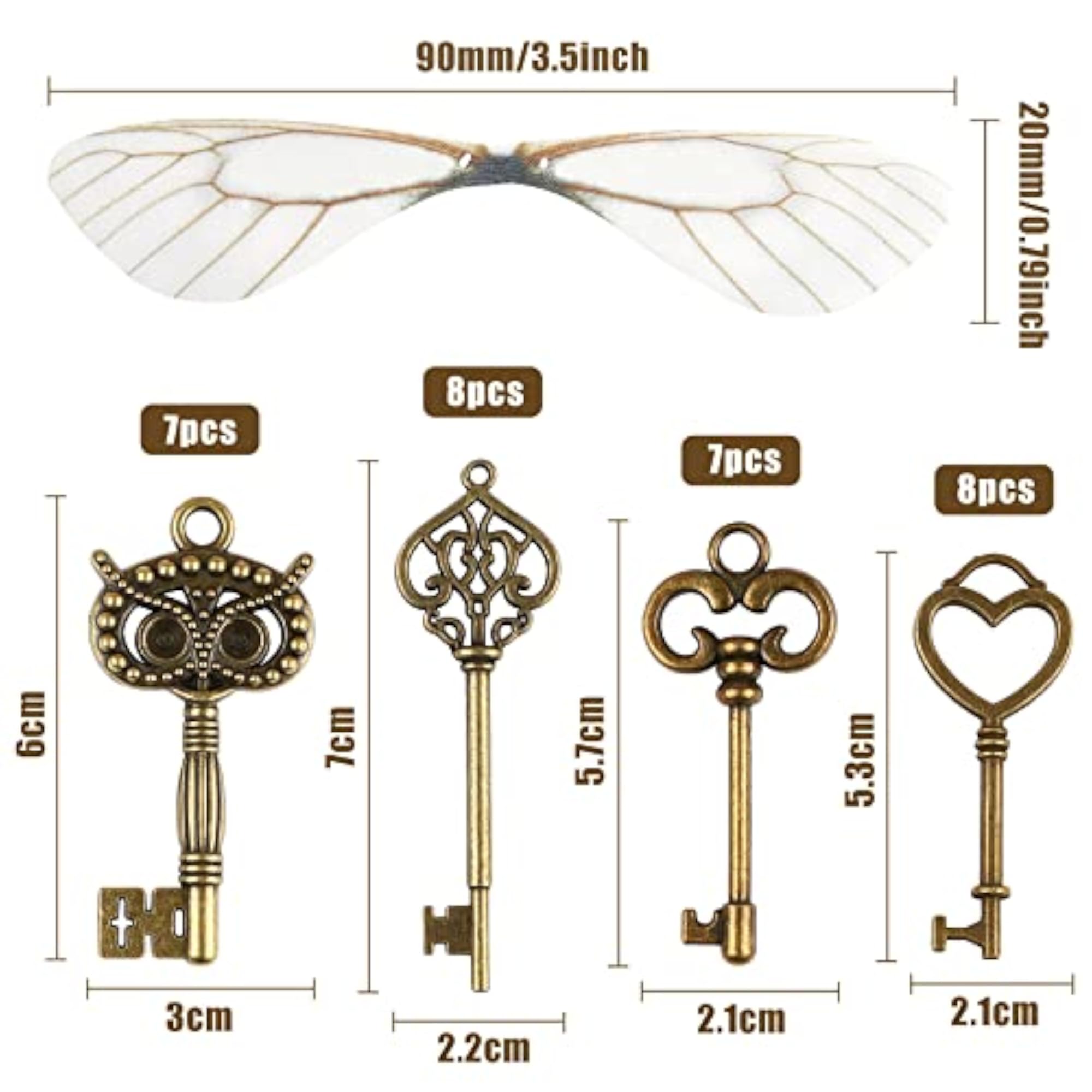 30 PCS Vintage Skeleton Keys Charms with Dragonfly Wings for DIY