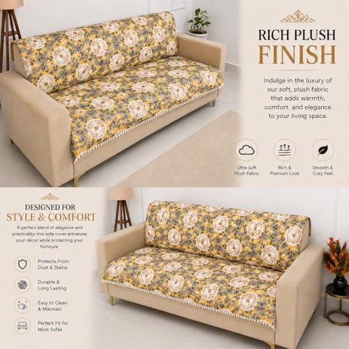 Image of Homerz Premium Printed Quilted Velvet Sofa Slip Cover Protector with Tassels, Sofa Mat, Exact Size, Antislip Cover (Antique Garden, 7 (3+2+2) Seater, Full)