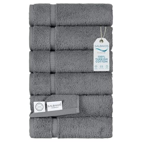 SALBAKOS Premium 6 Piece Hand Towel Set, 100% Turkish Cotton, Quick Dry & Comfy Towels for Hotel & Spa, Highly Absorbent 16"x30" (Gray) Cover