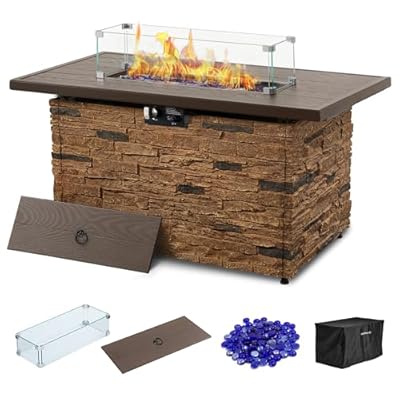 PIZZELLO 43” Propane Fire Pit Table Outdoor Rectangular Stone Firepit Table 50,000 Btu Propane Fire Tables for Outside Patio with Glass Wind Guard, Lid, Fire Glass Beads,Brown Rock Look