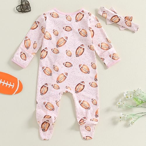 Newborn Baby Girl Football Onesie Outfit Rugby Footie Romper Ruffle Long Sleeve Zip Up Jumpsuit with Headband4