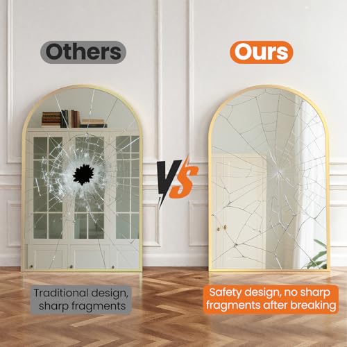 Image of NEWBULIG 24X36 Inch Arched Bathroom Mirror for Wall, Vanity Bathroom Mirrors for Over Sink Tempered Glass, Anti-Rust Arched Metal Framed, Hangs Horizontally or Vertically, Farmhouse Home Decor, Gold