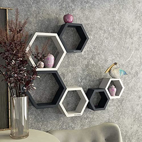 Furniture Cafe Hexagon Wall Shelf For Home Decor Wooden Shelves Showcase Furniture For Home Use For Inside The Roof Indoor As Well Outdoor Bedroom, Kitchen, Offices And More Places (Set of 6 | Color – Grey & White)