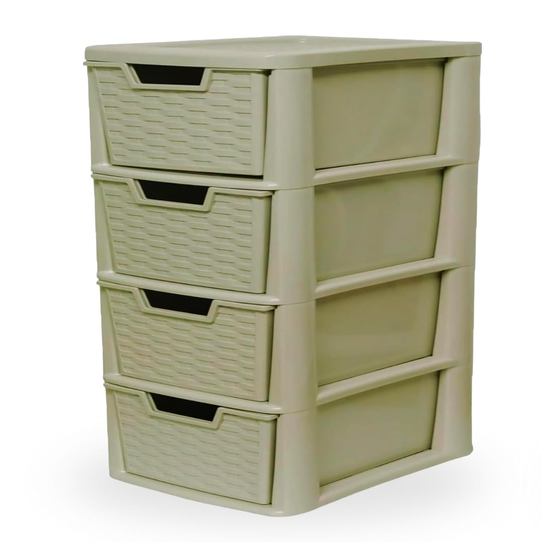 KYY'Z Large Drawer Storage Unit Tower Rattan Effect Large Organizer Chest Tower Unit Cabinet Trolley Home Bedroom Kitchen Office School Garage 39 (D) x 39 (W) x 80 (H) cm (Cream, 4 Tier) — image 1