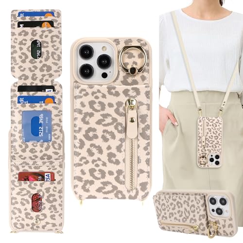DEYHU iPhone 15 pro Case with Card Holder for Women, iPhone 15 pro Phone Case Wallet with Strap Credit Card Slots Crossbody with Kickstand Zipper Case for iPhone15pro - Rice Leopard