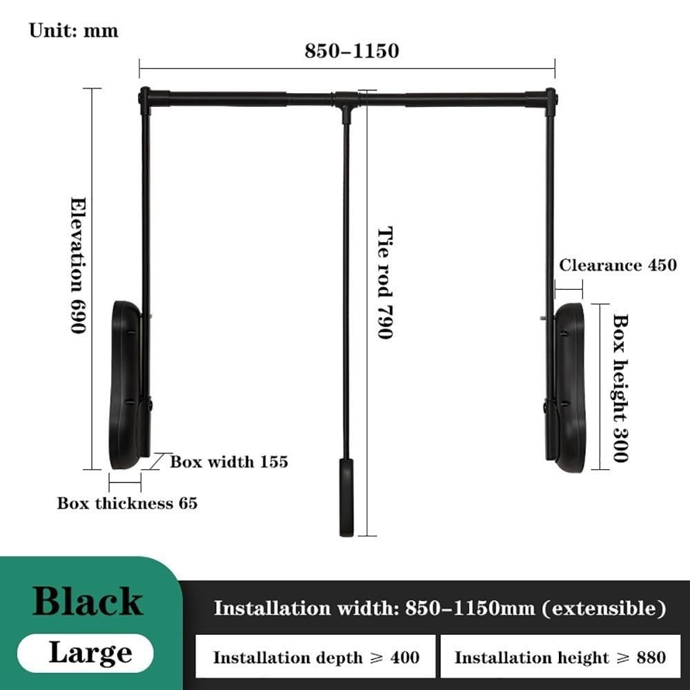 Pull Down Closet Rod Wardrobe Lift Wide Adjustable, Aluminium Retractable Cabinet Rail Lifter Hanger Organizer Storage(Black,Large)
