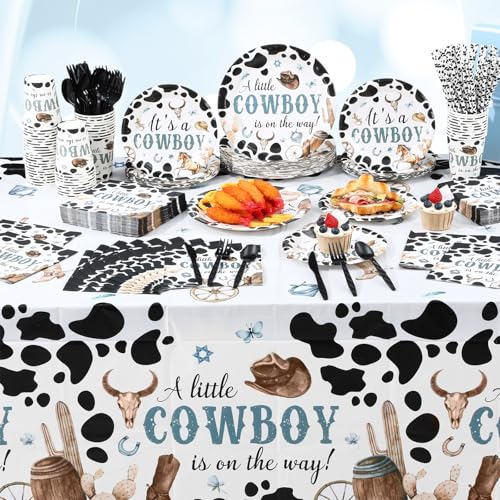 Image of Funnymoom 452 Pcs Cowboy Baby Shower Party Decorations Include a Little Cowboy Is on the Way Paper Plates Napkins Cups Tablecloth Cutlery Straws for girl Girl Baby Shower Party Supplies