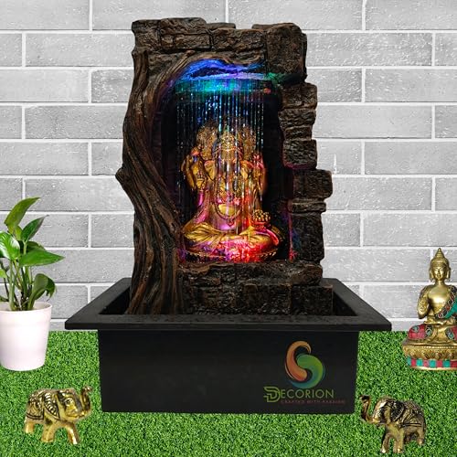 Image of DECORION Decorative Table Top Water Fountain for Home Decor /Office /Indoor & Outdoor /Garden /Puja Room /Vaastu with Multicolor LED Light and Adjustable Water Pump (Brown-D-031)