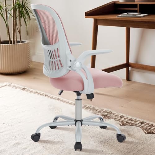 Image of DUMOS Home Office Computer Desk Chair, Ergonomic Mid-Back Mesh Rolling Work Swivel Task Chairs with Wheels, Comfortable Lumbar Support, Comfy Flip-up Arms for Bedroom, Study, Student, Pink