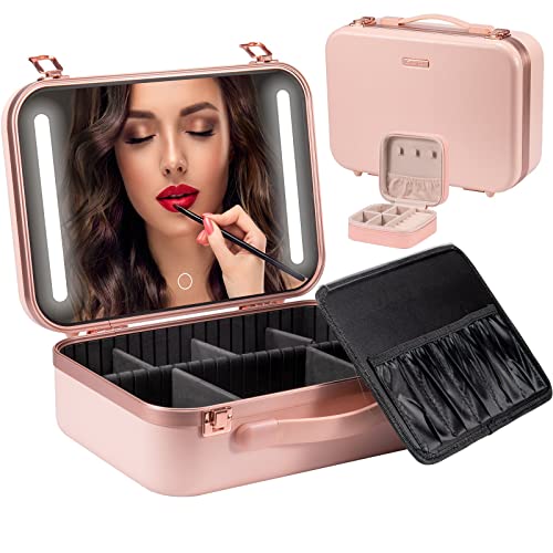 Makeup Travel Lighted Case With Large Led Light Mirror Coetic Bag Organizer Professional Adjustable Divider Storage, Waterproof Portable Make Up Train Box Accessories And Tools Case (Sn-Pink) #TOP6