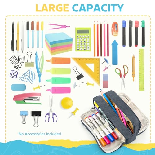 Image of Large Capacity Pencil Case Pencil Pouch Pen Bag with 3 Compartment Stationery Organizer with Zipper, School Supplies Organizer for Teen Adults (Nave blue)