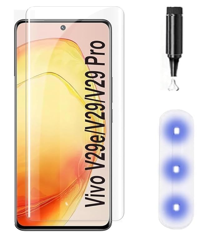 Image of UV Premium HD+ Tempered Glass For Vivo V29e (6.67 Inch, Pack of 1) Full Adhesive Curved Glass 100% Fingerprint Working with installation kit
