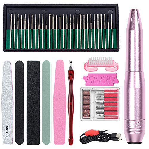Professional Portable Electric Nail Kit Manicure Set Pen Shape Gel Nail Polish Remover Machine with 30 PCS Iron 3/32 Nail Drill Bit Set for Acrylic Nail Tools