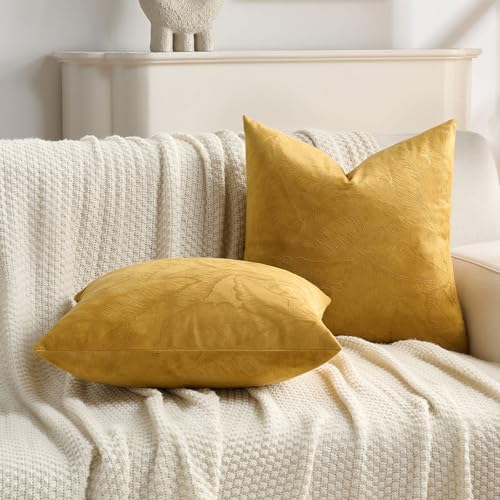 Image of FUTEI Pack of 2 Velvet Throw Pillow Covers 24x24 Inch Soft Embossed Leaf-Relief Textured Decorative European Cushion Cases Modern Natural Farmhouse Accent for Couch Bed Living Room, Golden Yellow