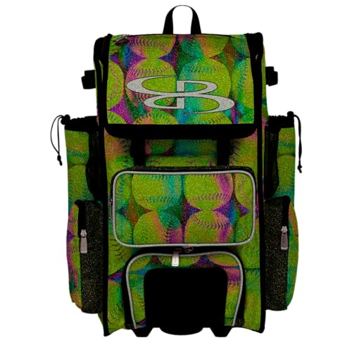 Boombah Rolling Superpack Baseball/Softball Gear Bag - Telescopic Handle - Holds 4 Bats - Wheeled Version - Softball Radiant Glitter Optic Yellow/Black/White