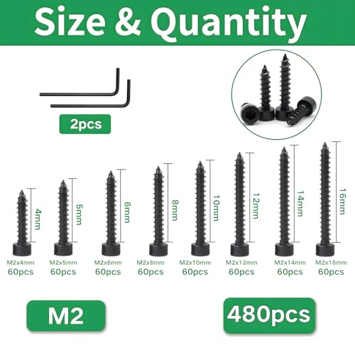 480Pcs M2 Hex Socket Cap Head Self Tapping Screws M2x4/5/6/8/10/12/14/16mm Black Socket Self Drilling Screw Allen Head Sheet Metal Bolts Hex Drive Wood Screws Assortment Kit