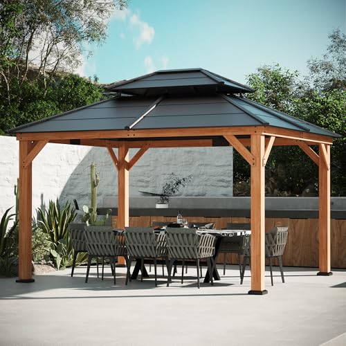 Modern Shade Wood Gazebo 11' x 13', Cedar Framed Wooden Gazebo with Double Galvanized Steel Roof, Hardtop Pavilion with Sturdy Hooks for Garden, Backyard Patio and Deck