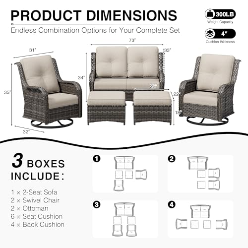 Image of Joyside 5 Piece Wicker Patio Furniture Set, Outdoor Swivel Rocker Patio Chairs with High Back, Deep Seating, Wide Armrest, Thickened Cushions, Outdoor Furniture for Deck, Porch Use