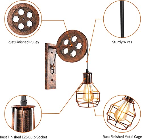 Puzhi Home Industrial Wall Sconce Pulley Wall Lamp 1-Light Wall Light Fixtures For Indoor Lighting Bathroom Kitchen Living Room -Rust Finished #TOP4