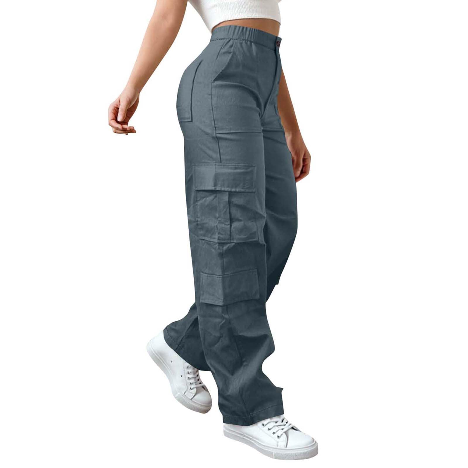 Cargo Pants for Women High Elastic Waisted Casual Baggy Wide Leg Hiking Pants Solid Color Streetwear with Pockets