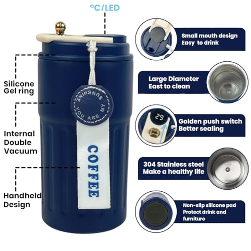 Image of Giftana Personalized Tumbler with LED Temperature Display, Customized Stainless Steel Coffee Mug with Secure Lid & Carrying Strap (Blue, 420ml)