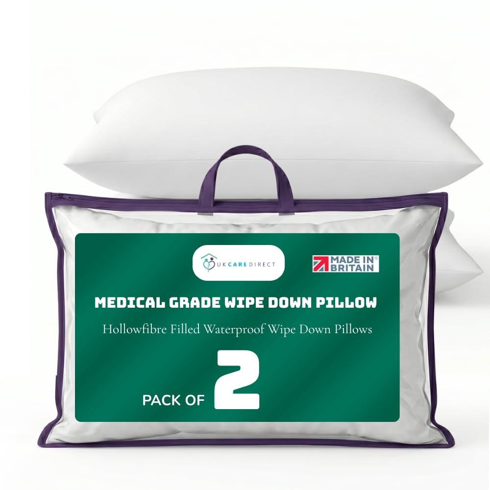 UK Care Direct Medical Grade Wipe Down Pillow – Easy Clean Hollowfibre Filled Pillows for Nursing Homes, Hospitals, and Children’s Beds – 20" x 30" (2 Pack, 74cm x 48cm)