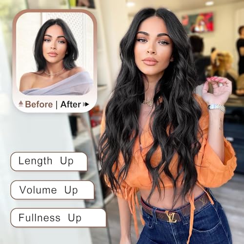 ALXNAN Clip in Hair Extension,Long Wavy Hair Extensions 20 Inch Black 4PCS Thick Hairpieces for Women