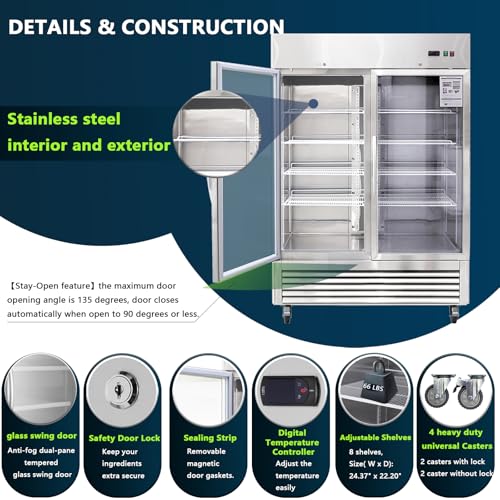 Image of 54 inch Commercial Refrigerators with 2 Glass Door, 42.2 Cu.ft. Reach-in Commercial Fridge, Commercial Fridge with Fan Cooling, Digital Temperature Display, ETL Certified for Restaurant, Bar