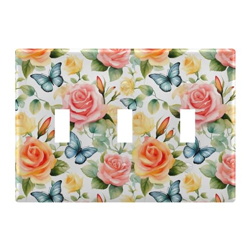 Light Switch Cover Butterfly Rose Floewr Spring Wall Plates for Electrical Outlets 3 Gang 202b3376