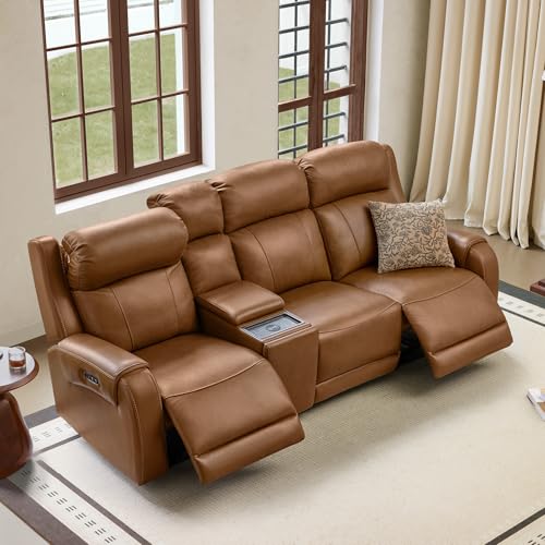Image of CHITA Genuine Leather Power Recliner Sofa, 3 Seater with Console, Saddle