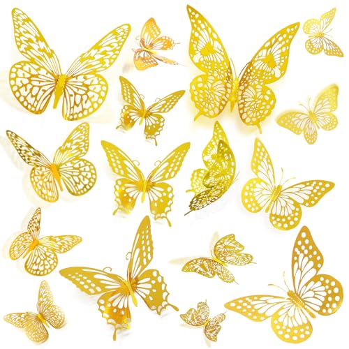 JOSDIOX 3D Butterfly Wall Decor Sticker -48 Pcs, 4 Styles, 3 Sizes Gold Butterflies Decoration for Party, Birthday & Wedding Celebrations, Cake Decorating, Balloons, Removable Stickers.