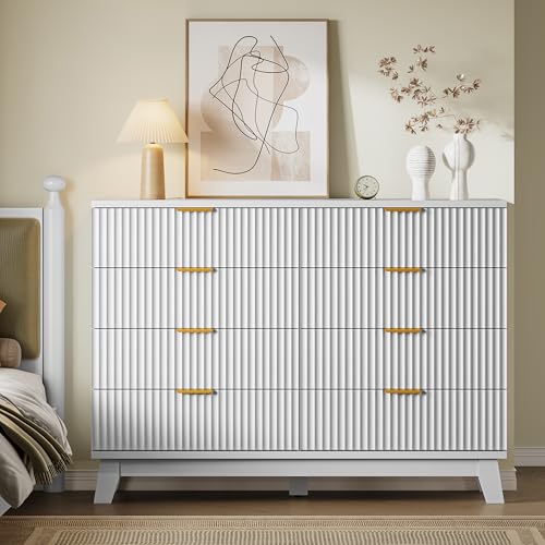 Image of BORNOON Fluted 8 Drawer Tall Dresser, 47.2 inch Wide Modern Boho Chest of Drawers, Wooden Storage Dresser TV Stand for Bedroom, Living Room, Closet, Hallway, Curved Profile Design